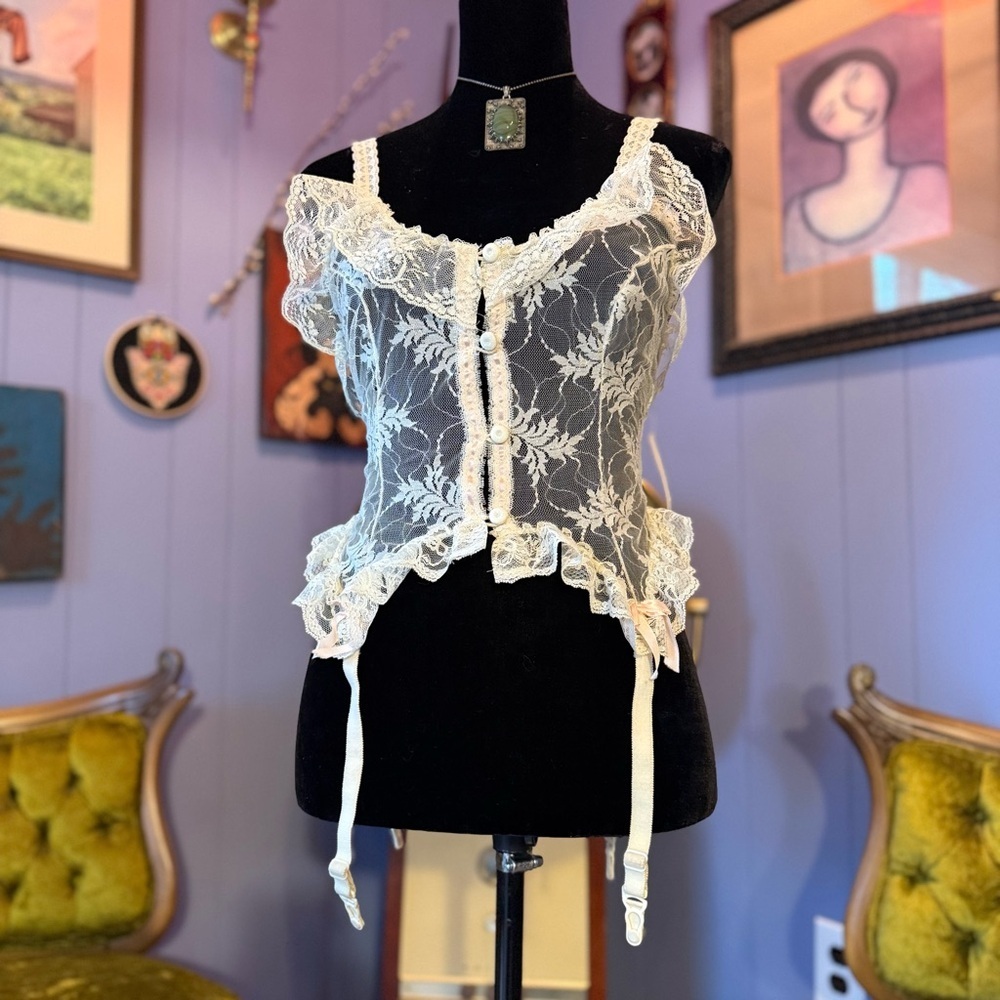 Vintage Pandora Lingerie by Chic Lace Garter Camisole In Soft Ivory And Pink - Picture 4 of 10